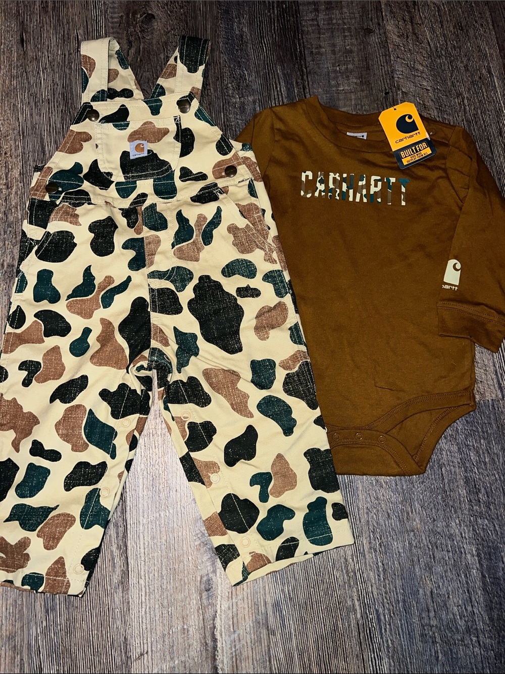 Carhartt Brown Logo Bodysuit with Cream Camouflage Overalls